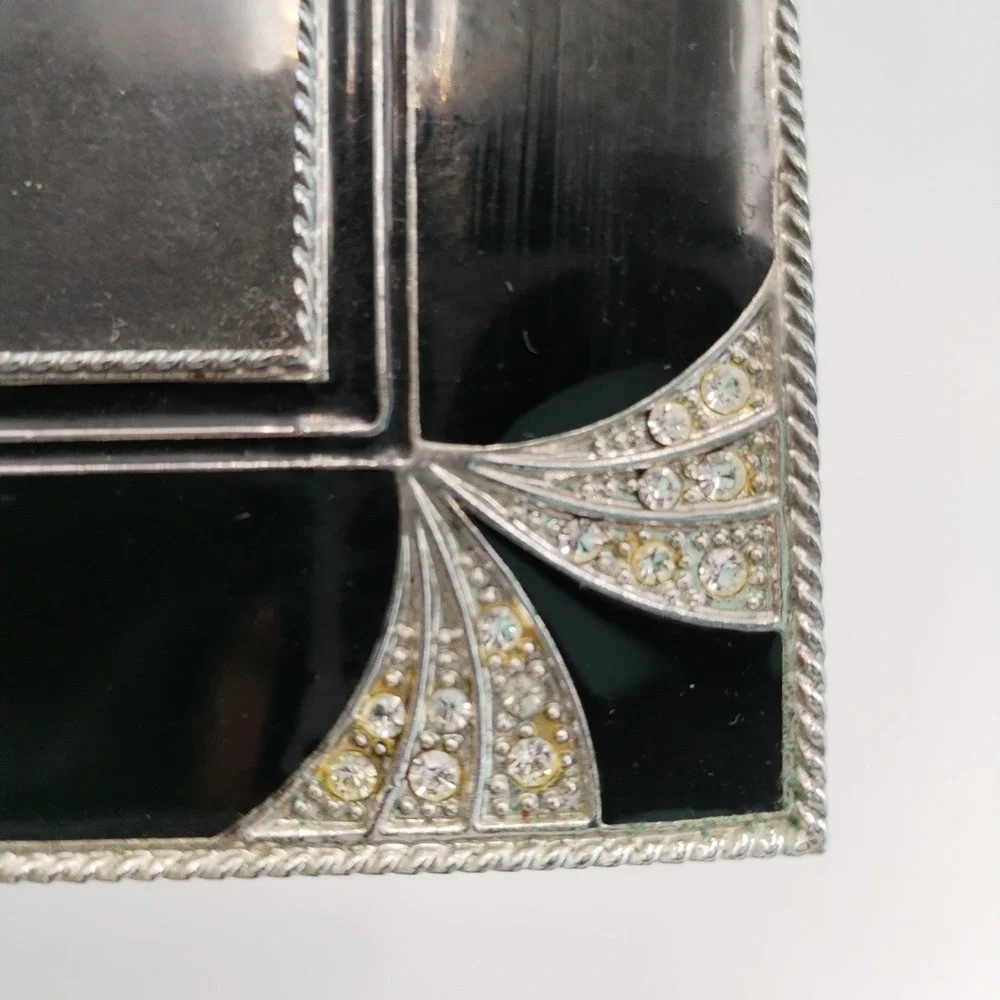 Vintage Art Deco Style Mini Picture Frame Black Enamel Rhinestone Square 2x2